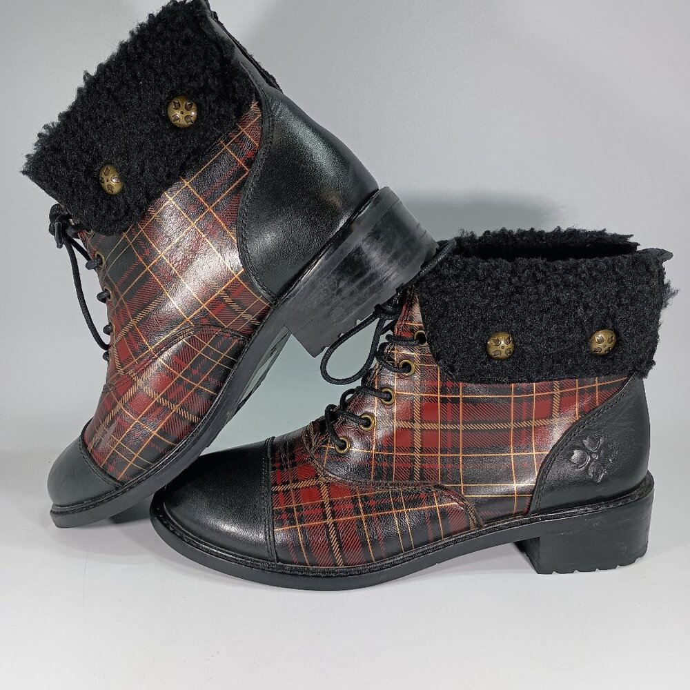 Patricia Nash Lia Cold Weather Booties Black & Red/Plaid w/Shearling Cuffs Sz.8m